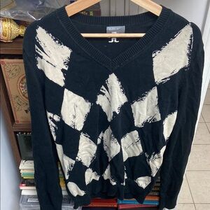 J. Lindeberg Black and White Argyle V-Neck Sweater